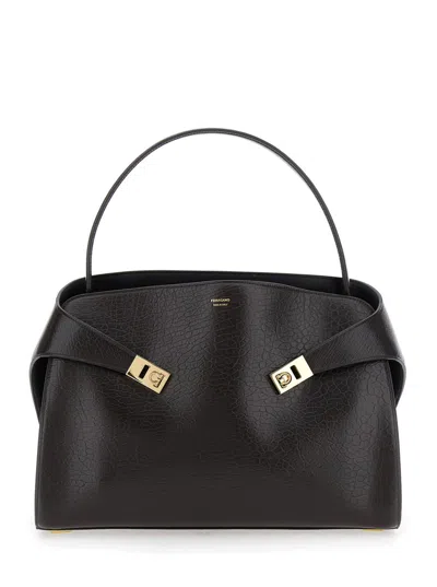 FERRAGAMO 'HUG' BROWN SHOULDER BAG WITH LOGO PRINTED ON FRONT IN GRAINED LEATHER WOMAN