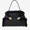 Ferragamo Hug Shearling-trimmed Leather Shoulder Bag In Black
