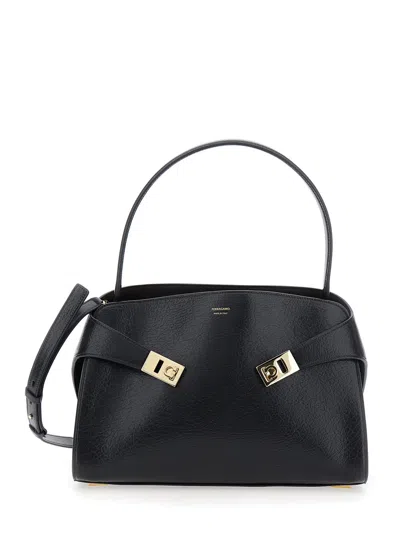 FERRAGAMO HUG BLACK SHOULDER BAG WITH LOGO PRINT ON THE FRONT IN LEATHER WOMAN
