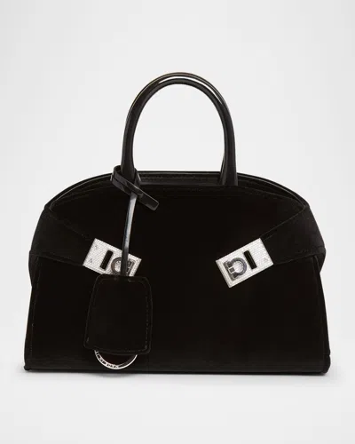 Ferragamo Hug Strass Velvet Top-handle Bag In Black