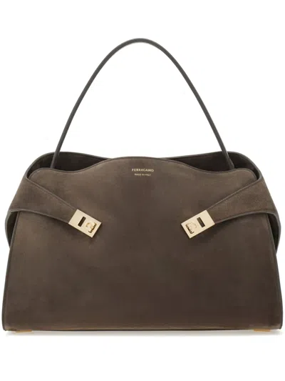 Ferragamo Hug Structured Suede Tote Bag In Brown