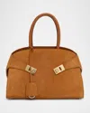 Ferragamo Hug Grainy Small Embellished Leather-trimmed Ribbed Suede Tote In Brown