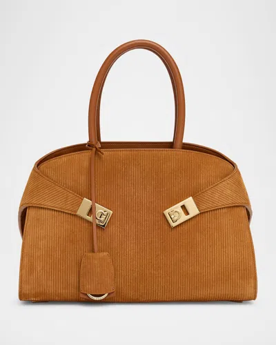 Ferragamo Hug Suede Corduroy Top-handle Bag In Neutral