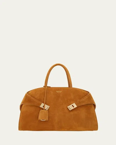 Ferragamo Hug Suede Top-handle Bag In Naturale