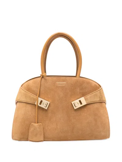 Ferragamo Hug Suede Tote Bag In Nude