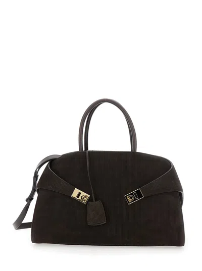 FERRAGAMO 'HUG BICOLOR' BROWN HANDBAG WITH LOGO AND GANCINI BUCKLE IN LEATHER WOMAN