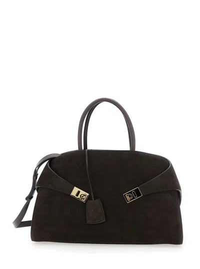 FERRAGAMO HUG BICOLOR BROWN HANDBAG WITH LOGO AND GANCINI BUCKLE IN LEATHER WOMAN