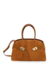 Ferragamo Hug Grainy Small Embellished Leather-trimmed Ribbed Suede Tote In Brown