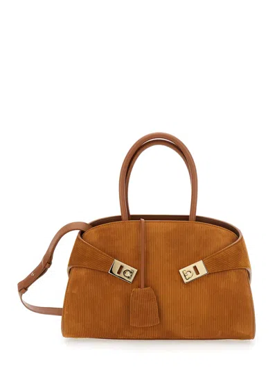 FERRAGAMO HUG S BROWN HANDBAG WITH LOGO AND GANCINI BUCKLE IN LEATHER WOMAN