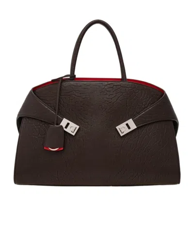 Ferragamo Hug Two-color Large Shoulder Bag In Testa Di Moro/flame Red