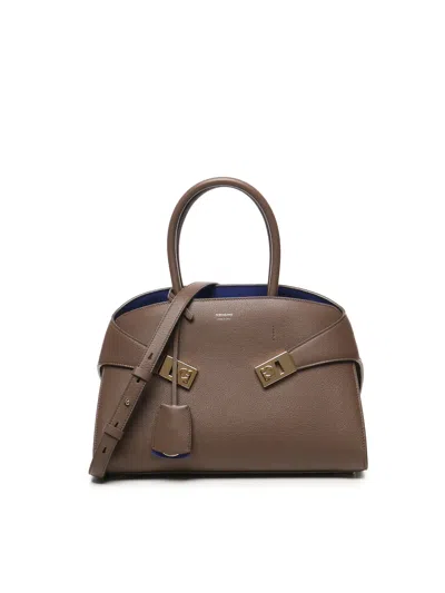 Ferragamo Hug Two Tone Handbag Brown Calfskin