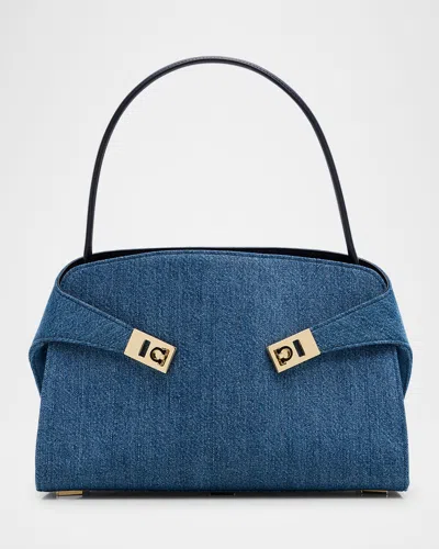 Ferragamo Hug Washed Denim Shoulder Bag In Blue