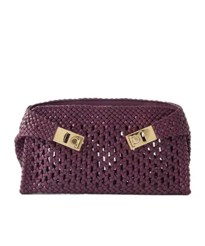 Ferragamo Hug Small Woven Leather Clutch In Purple