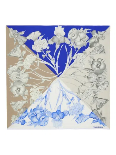 Ferragamo Hydrangea Print Silk Scarf In Blue
