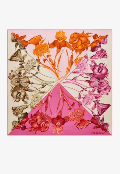 Ferragamo Hydrangea Print Silk Scarf In Pink