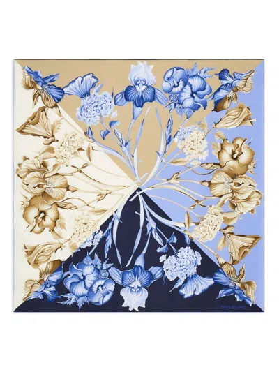 Ferragamo Hydrangea Printed Silk Scarf In Blue