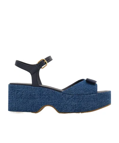 Ferragamo Iconic Bow Platform Sandal In Blue