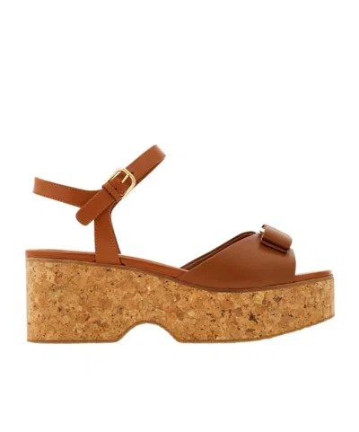 Ferragamo Iconic Bow Wedge Sandal In Brown