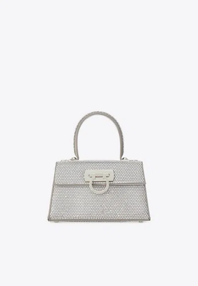 Ferragamo Iconic Crystal-embellished Top Handle Bag In Silver