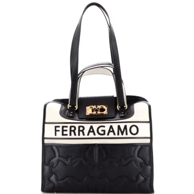 Ferragamo Iconic Double Gancini Tote Bag Gancini Quilted Leather Medium In Black