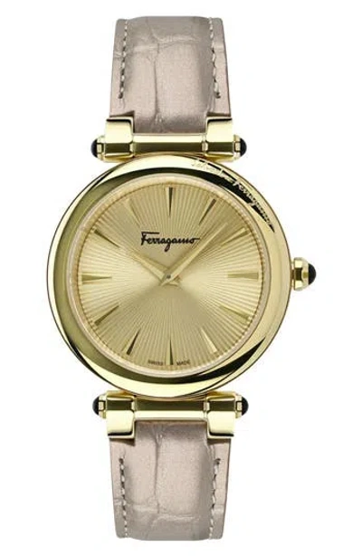Ferragamo Idillio Leather Strap Watch, 36mm In Gold