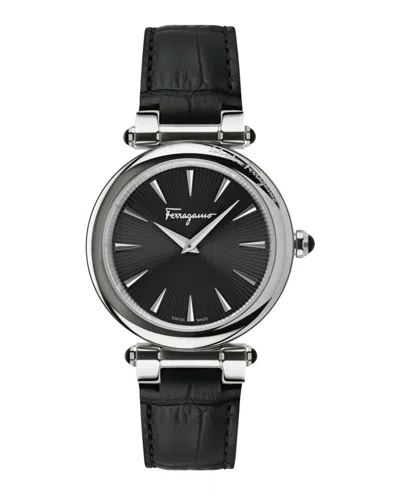 Ferragamo Idillio Leather Watch With Polished Stainless Steel Case In Black