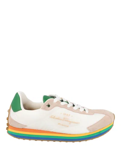 Ferragamo Iggy Mixed Media Sneakers In Beige