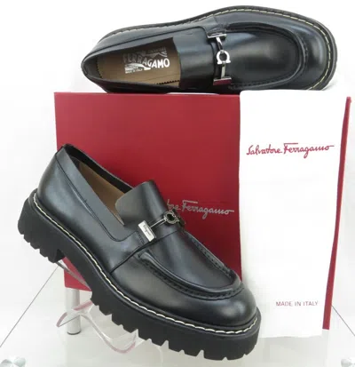 Pre-owned Ferragamo Ignazio Black Leather Gancio Bit Logo Lug Platform Loafers 13 M