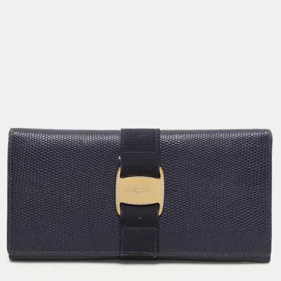 Pre-owned Ferragamo Indigo Lizard Leather Vara Bow Continental Wallet