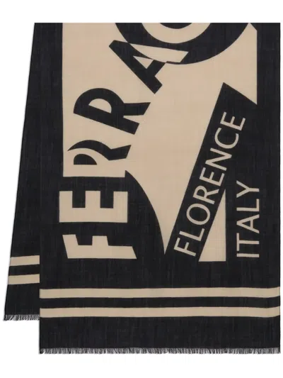 Ferragamo Intarsia Knit-logo Wool Scarf In 黑色
