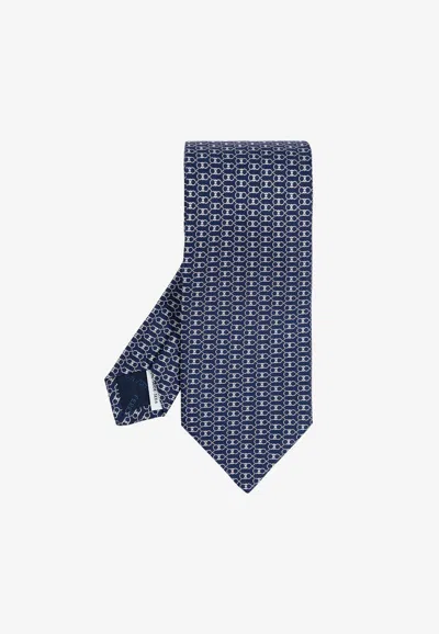 Ferragamo Interlinked Gancini Print Silk Tie In Blue