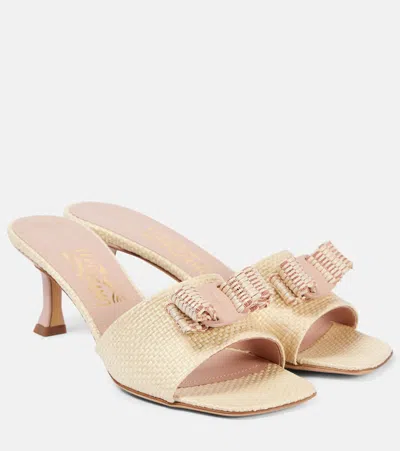 Ferragamo Raffia Vara Bow Slide In Beige