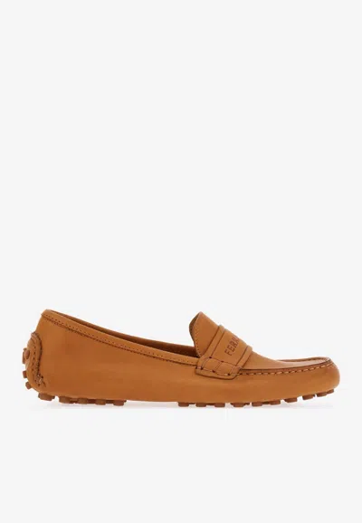Ferragamo Driver Logo-debossed Leather Loafers In Brown