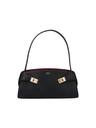 Ferragamo Italian Calf Leather Shoulder Bag With Luxurious Leather Lining In Black