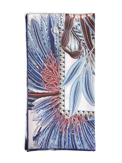 Ferragamo Ivory And Blue Fiori E Farfalle-print Silk Scarf