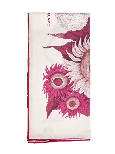 Ferragamo Ivory And Burgundy And Fuchsia Girasoli-print Silk Scarf In White