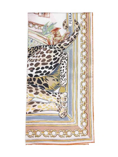 Ferragamo Ivory And Orange Felini-print Silk Scarf In Brown