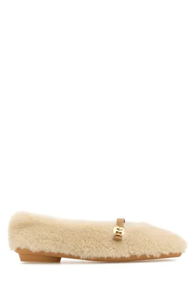 FERRAGAMO IVORY SHEARLING NOELLA BALLERINAS