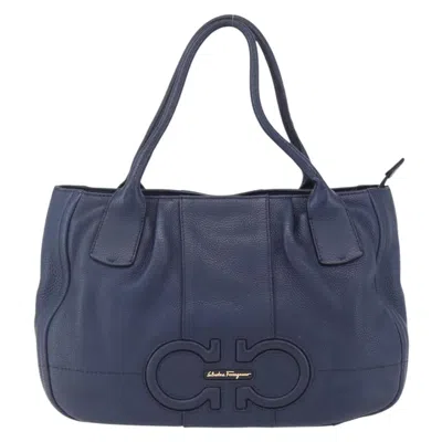 Pre-owned Ferragamo Izzie Gancini Embossed Tote Soft Calf Leather Tote Bag Bag () In Blue