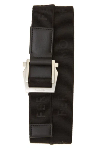 Ferragamo Jacquard Webbing & Leather Belt In Nero Nero