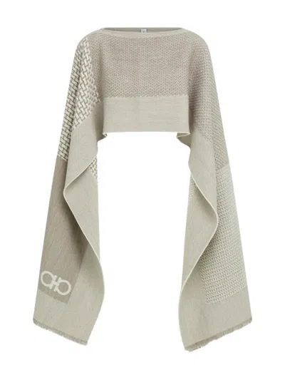 Ferragamo Jacquard Wool Poncho In Gray