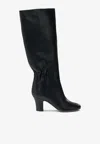 Ferragamo Knee-high Boots With Curled Design And Block Heel In Black