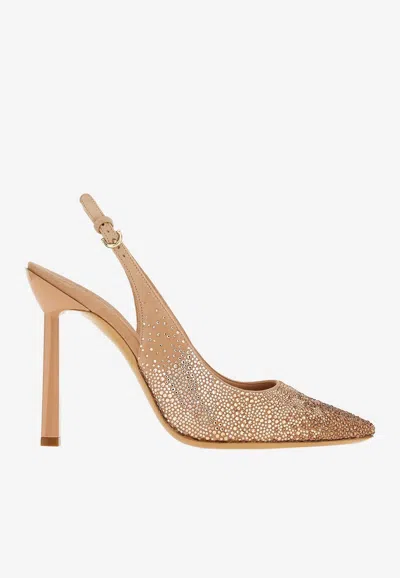 Ferragamo Embellished Suede Slingback Pumps In Beige