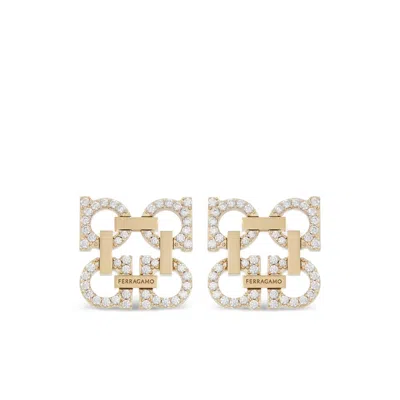 Ferragamo Crystal Embellished Four Gancini Clip On Earrings In Gold