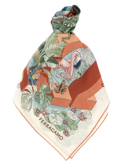 Ferragamo Jungle Party Print Silk Scarf In White