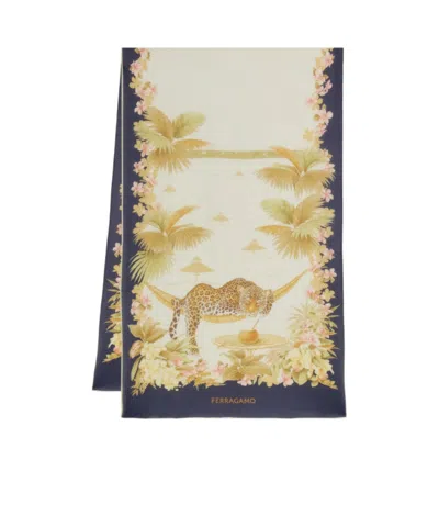 Ferragamo Jungle Print Silk Scarf In Blue
