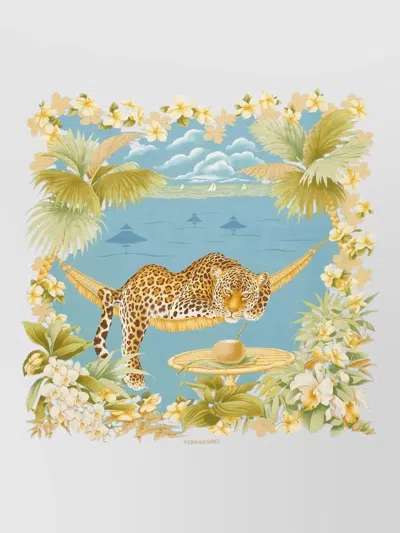 Ferragamo Jungle Silk Scarf Heritage Leopard Motif In Blue