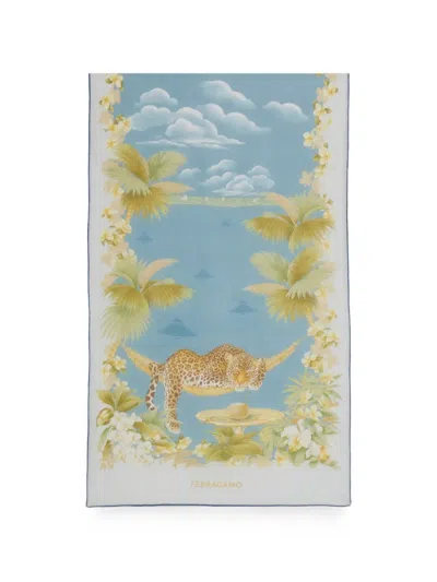 Ferragamo Jungle-print Silk Scarf In Blue