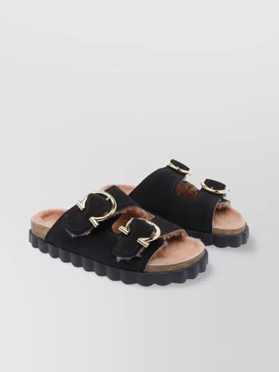 Ferragamo Kapalua Fur Sandals Buckle Detail