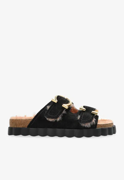Ferragamo Kapalua Suede Slides With Double-buckle In Black